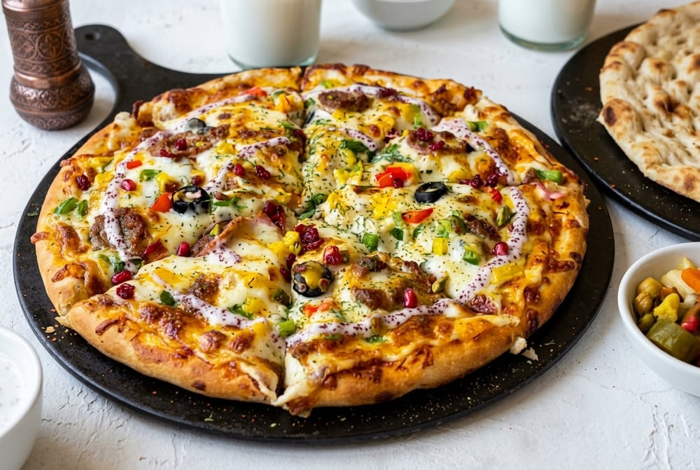 Persische Pizza wie im Iran mit Käse, Sosis, Paprika und Oliven im Pars Restaurant Köln